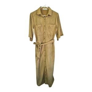 Costes Rebel Faux Suede Shirt Dress Small Camel Belted Button Front Midi Boho